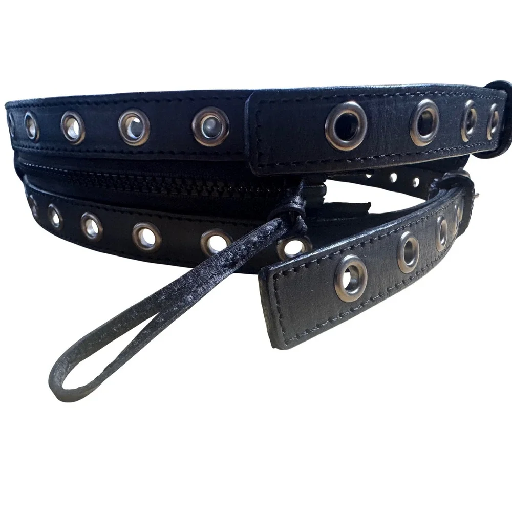 Express Black Leather Double Grommet Zipper Belt Small Punk Grunge Edgy Y2k 00's